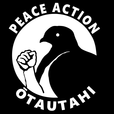 Peace Action Ōtautahi logo. Black background with white text and negative space design of a kererū with a raised fist.